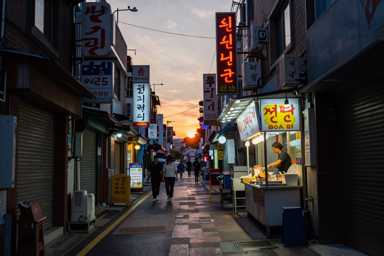 Seoul Street Scene at Dusk with Neon Signs and Traditional Market Stalls in in Seoul, South Korea