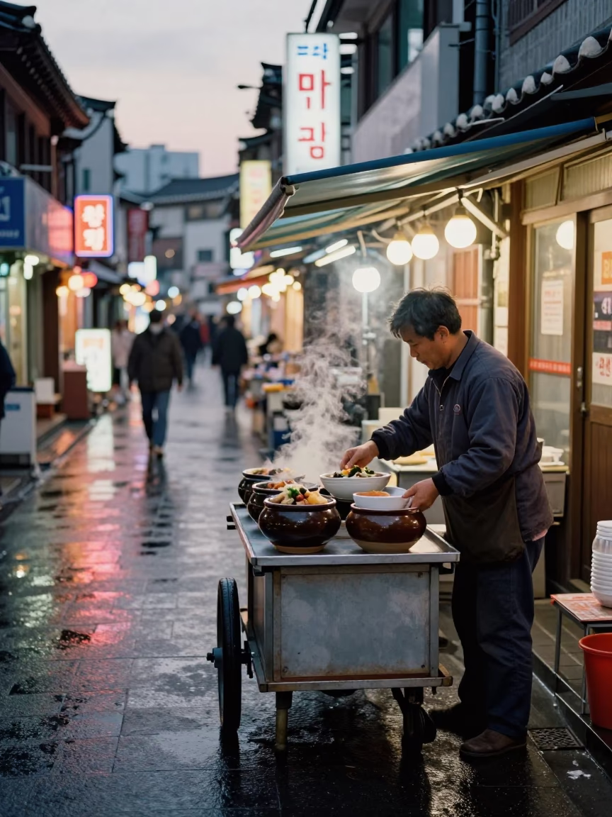 Seoul street scene at dusk with traditional ceramic bowl and modern city life in in Seoul, South Korea