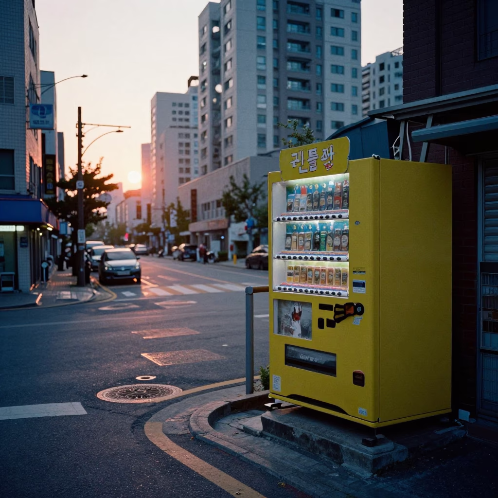 Seoul Street Scene at Dusk with Vending Machine and Urban Architecture in in Seoul, South Korea