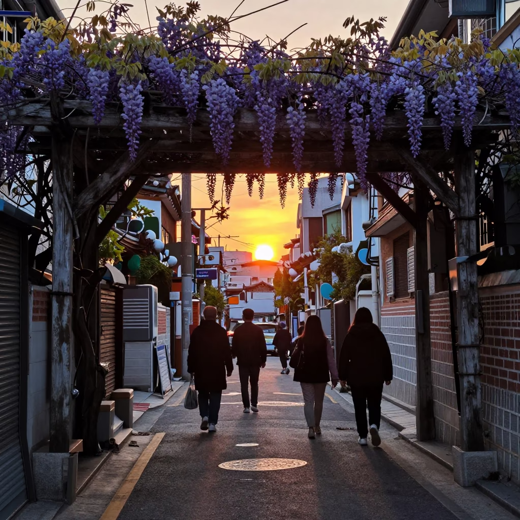Seoul Street Scene at Dusk with Wisteria Pergola and Traditional Tea Canister in in Seoul, South Korea