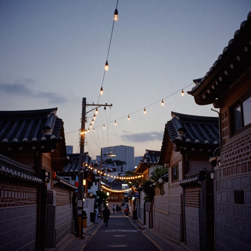 Seoul Street Scene at Nautical Dawn with Hanging String Lights and Urban Ambience in in Seoul, South Korea