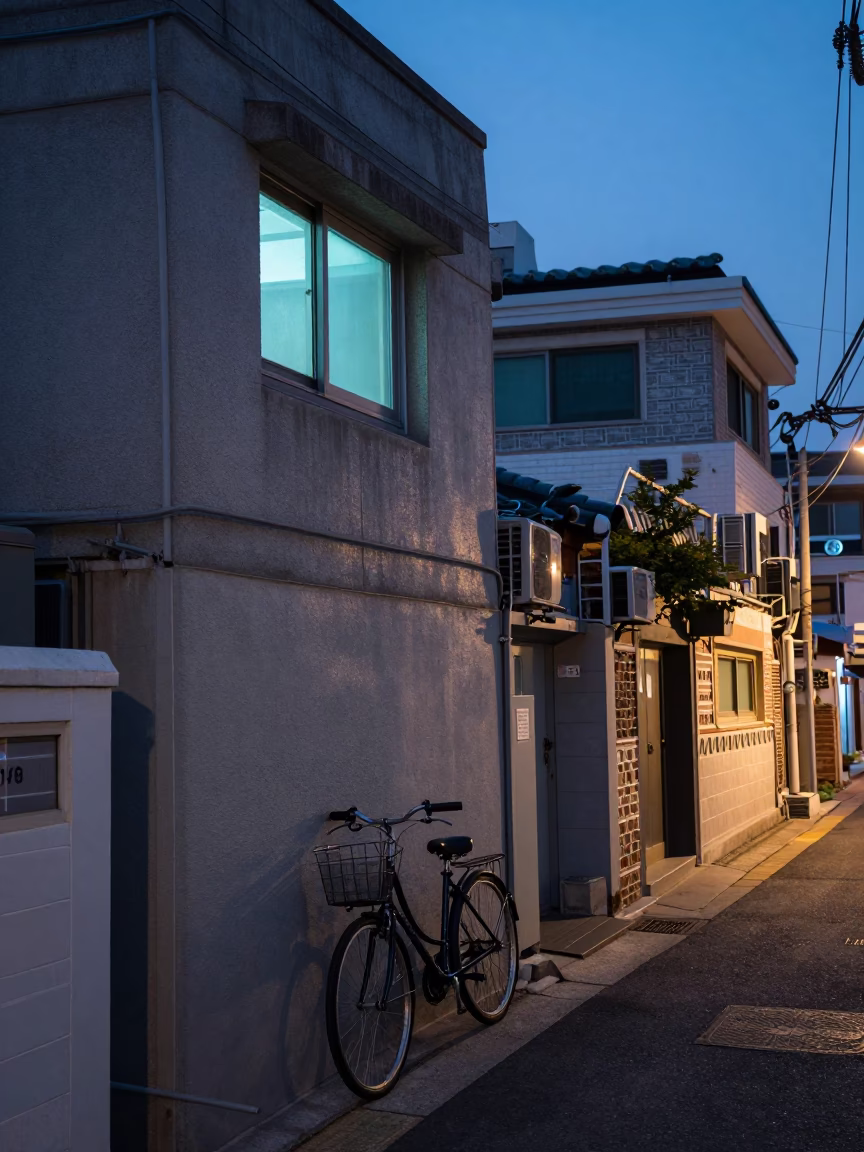 Seoul street scene at nautical dawn with window light on handle and turnbuckle in in Seoul, South Korea