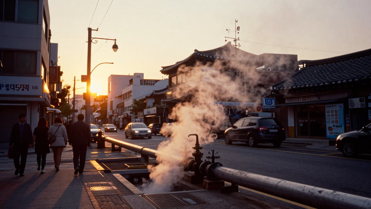 Seoul Street Scene at Sunset with District Heating Pipes and Autumn Leaves in in Seoul, South Korea