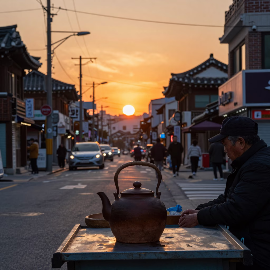 Seoul street scene at sunset with traditional clay teapot and modern city backdrop in in Seoul, South Korea