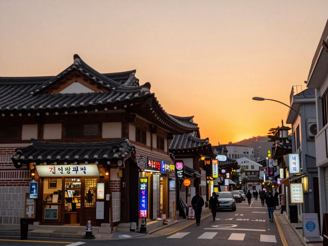 Seoul Street Scene at Sunset with Traditional Roof Tiles and Modern Neon Signs in in Seoul, South Korea