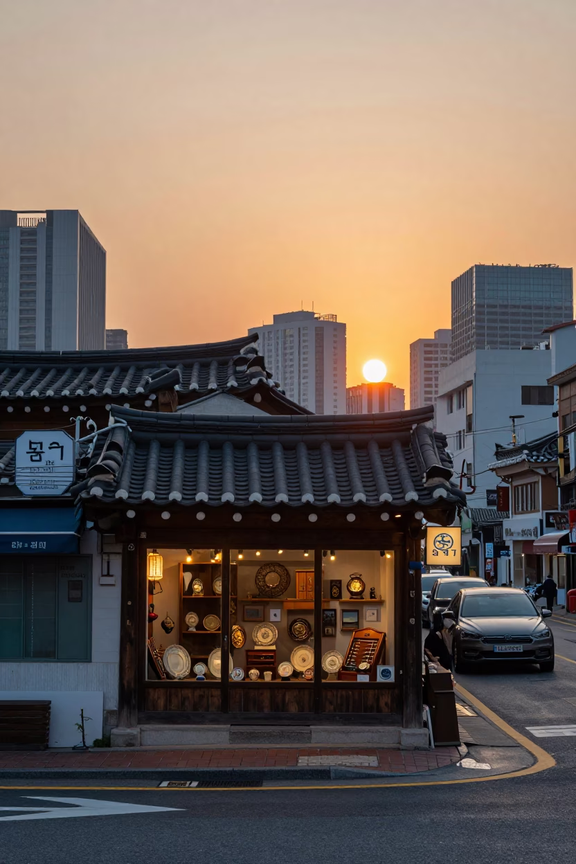 Seoul street scene at sunset with vintage shop window display and passing pedestrians in in Seoul, South Korea