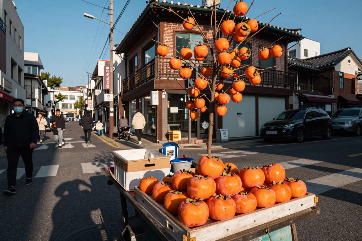 Seoul Street Scene Late Afternoon Light with Persimmons and Urban Life in in Seoul, South Korea