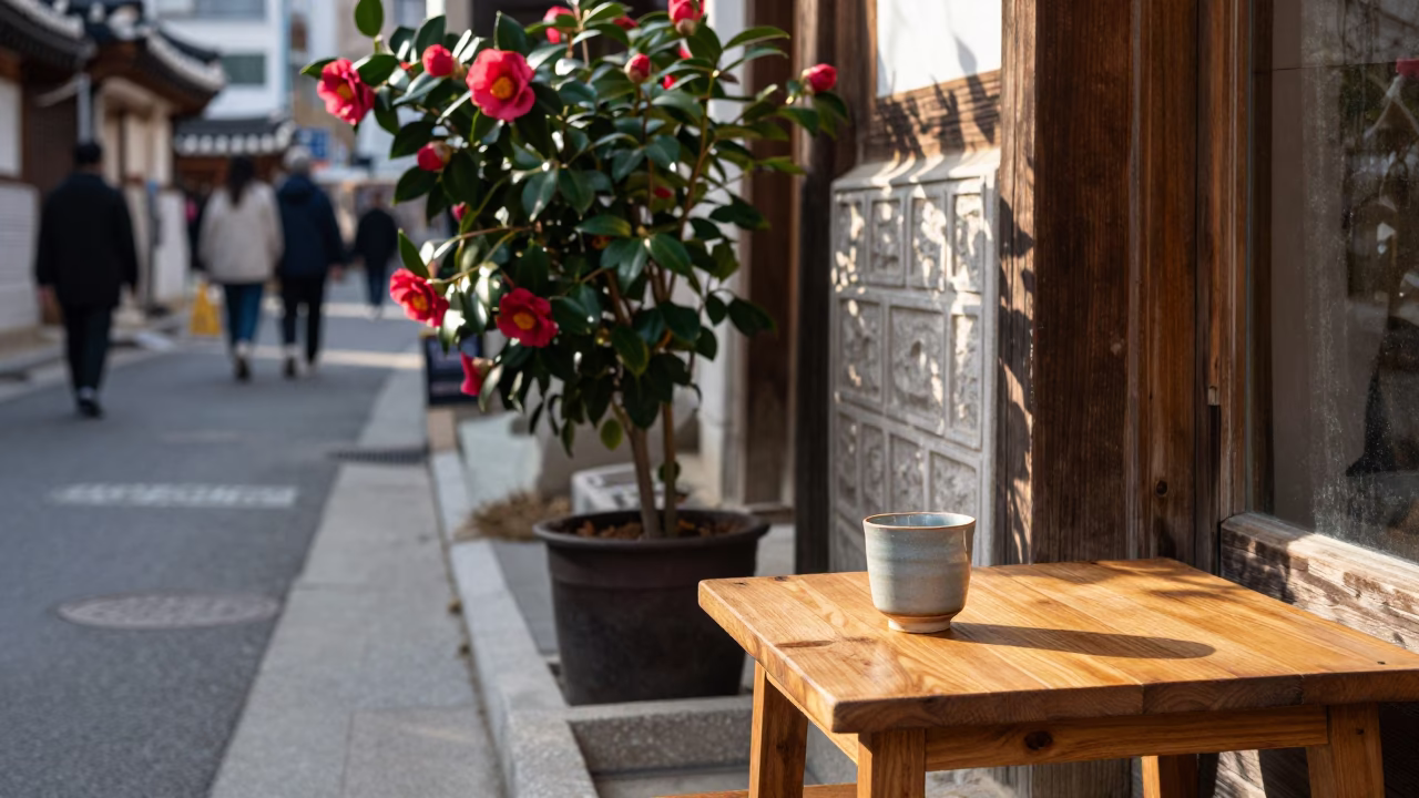 Seoul street scene late morning with camellia and ceramic cup on wooden table in in Seoul, South Korea