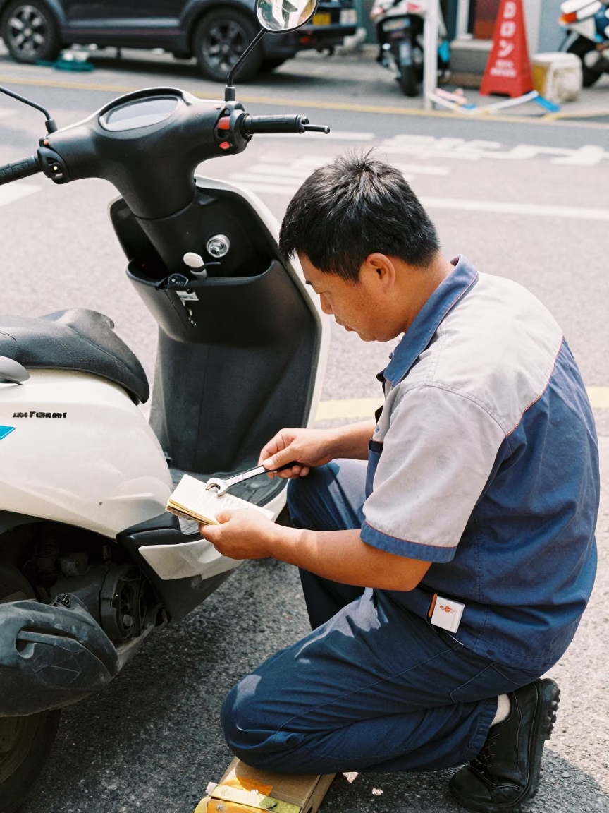 Seoul Street Scene with Wrench and Address Book Amidst Noon Sunlight and Urban Activity in in Seoul, South Korea