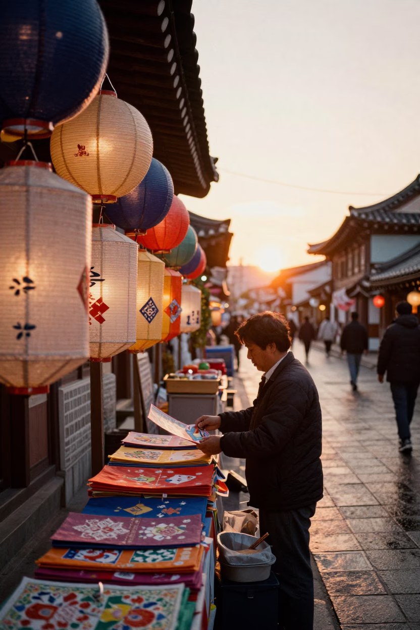 Seoul Street Sunset Candid Moment with Traditional Korean Lantern and Urban Details in in Seoul, South Korea