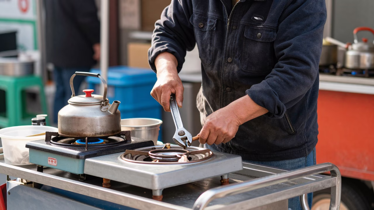 Seoul street vendor adjusting stove with spanner under noon light in in Seoul, South Korea