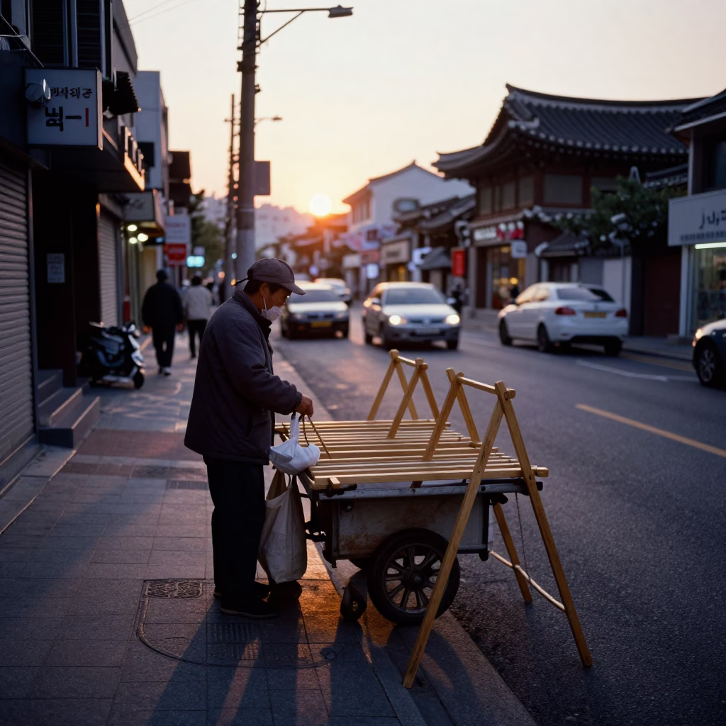Seoul street vendor at dusk with drying racks and raspberries near Namsan in in Seoul, South Korea