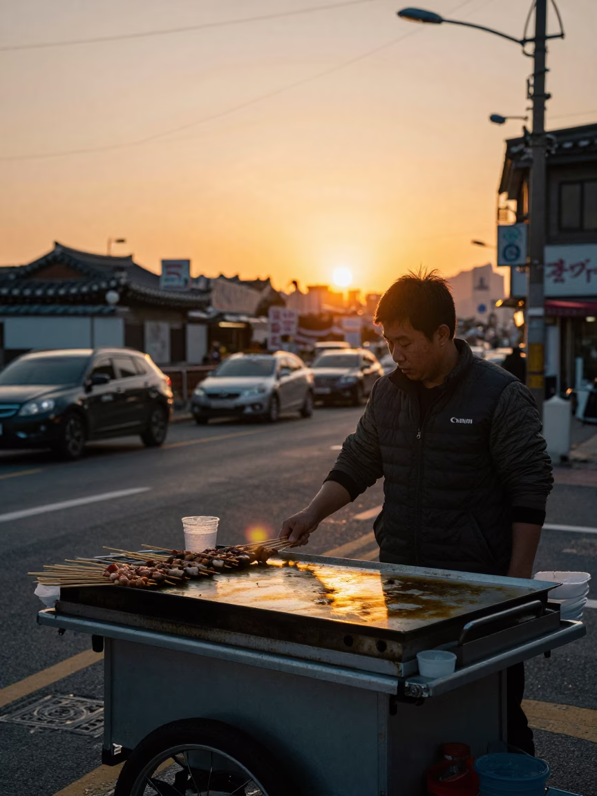 Seoul street vendor at sunset with baking sheet and tea tray in in Seoul, South Korea
