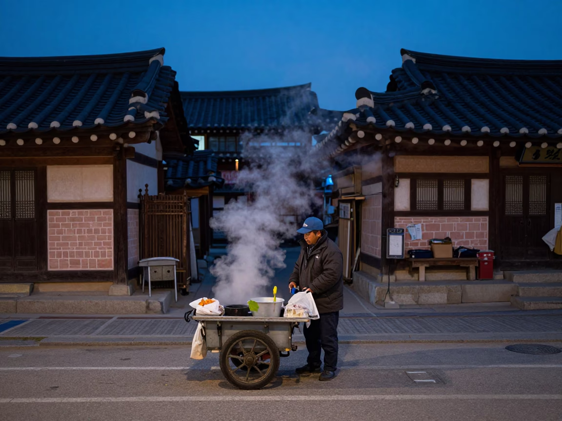 Seoul Street Vendor Before Dawn with Steamers and Leaf Shadows in in Seoul, South Korea