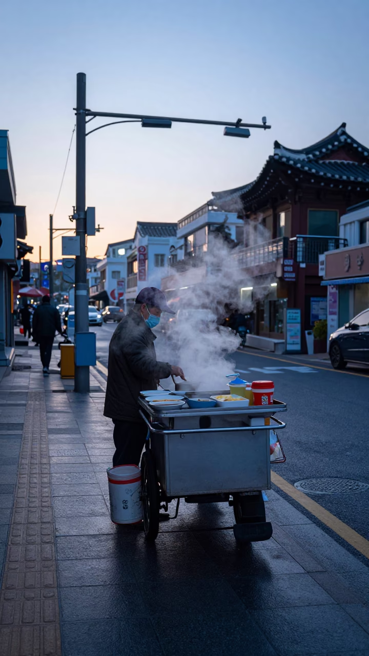 Seoul Street Vendor Breakfast Stall Before Sunrise with Steam and Urban Lights in in Seoul, South Korea