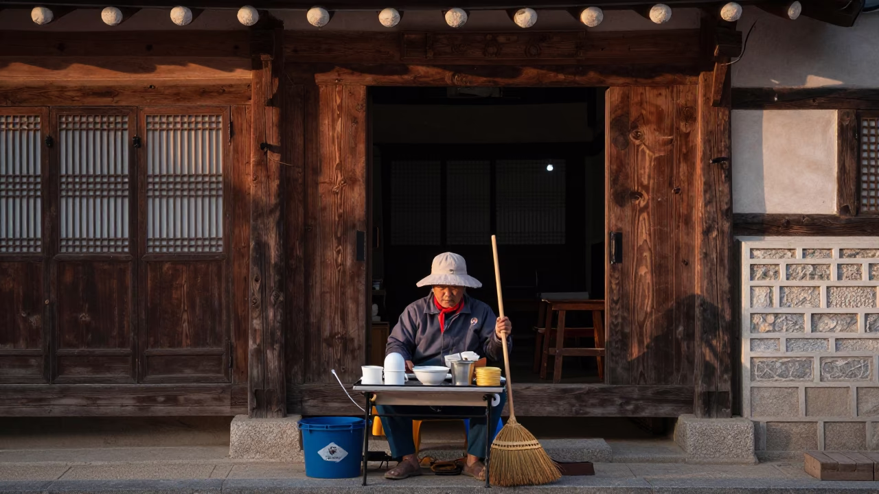 Seoul Street Vendor Early Evening with Hand Broom and Door Latch Details in in Seoul, South Korea