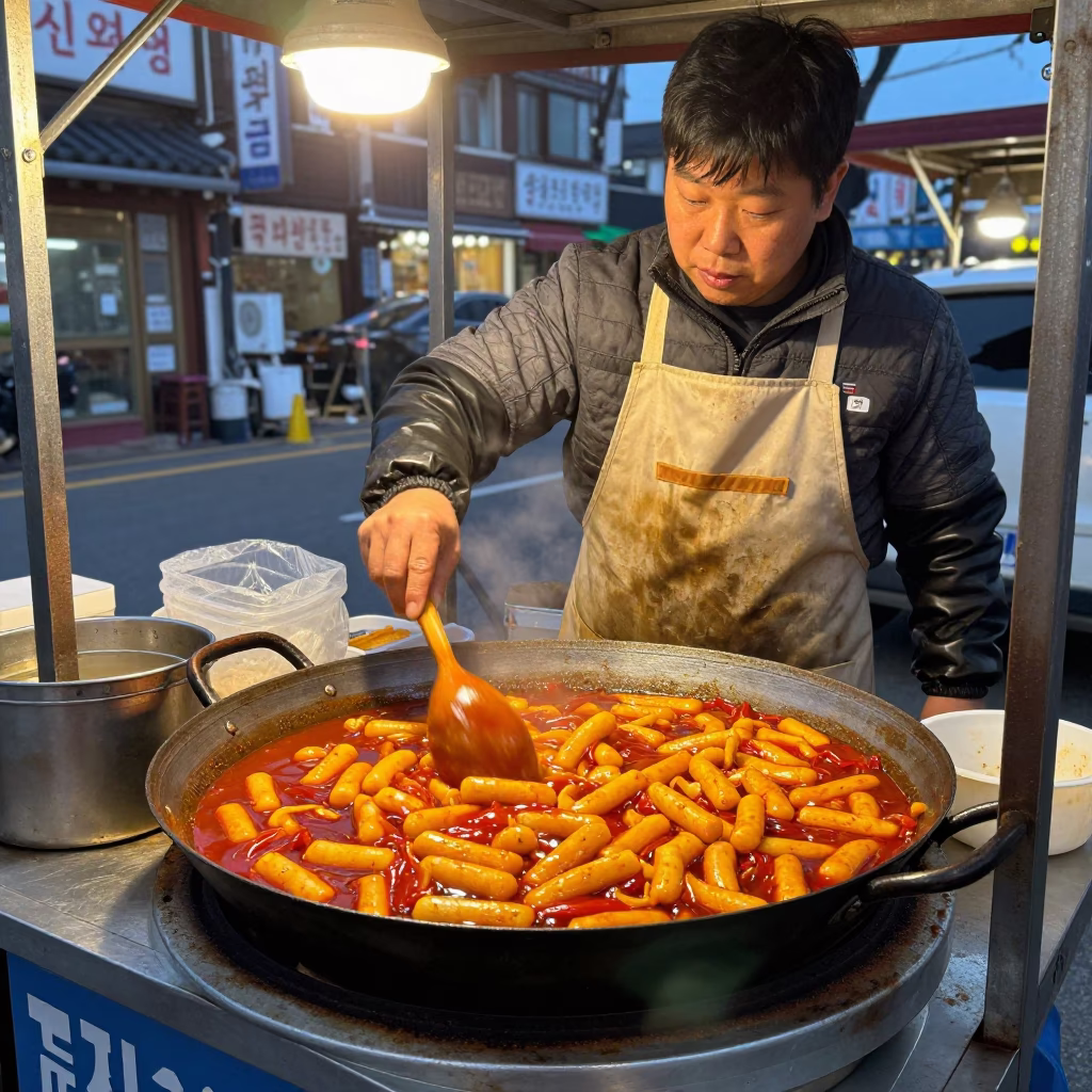 Seoul Street Vendor Evening Meal with Spicy Rice Cakes and Metal Serving Platter in in Seoul, South Korea