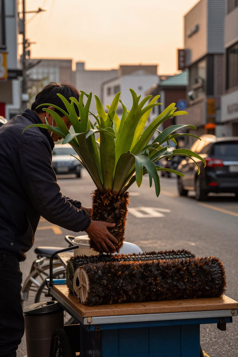 Seoul Street Vendor Golden Hour Staghorn Fern and Brush Roll Detail in in Seoul, South Korea