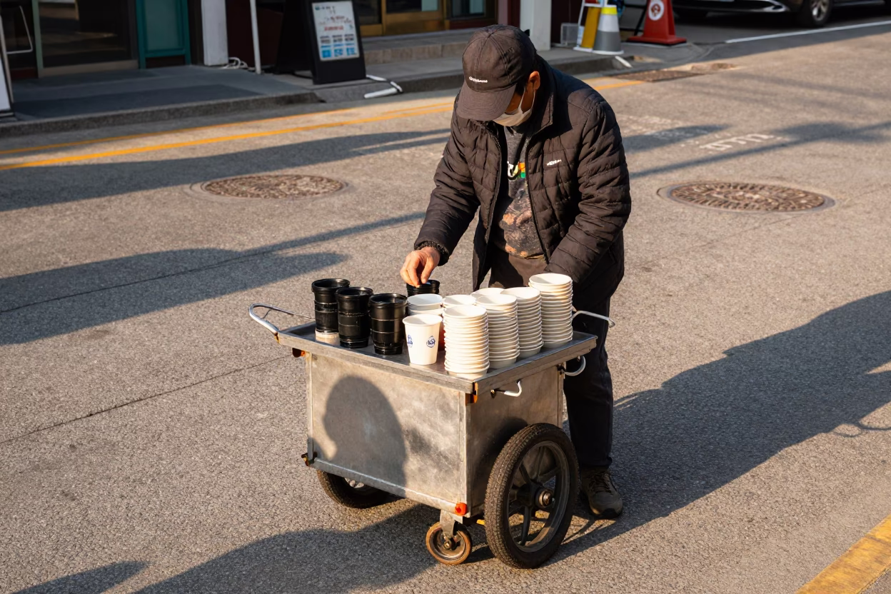 Seoul Street Vendor Late Afternoon Espresso Cup and Stacked Plates in in Seoul, South Korea