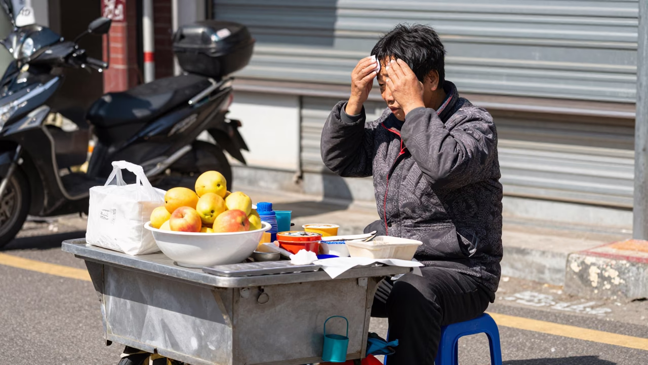 Seoul Street Vendor Lunch Break with Fruit Bowl and Grease Sheen Under Noon Sun in in Seoul, South Korea