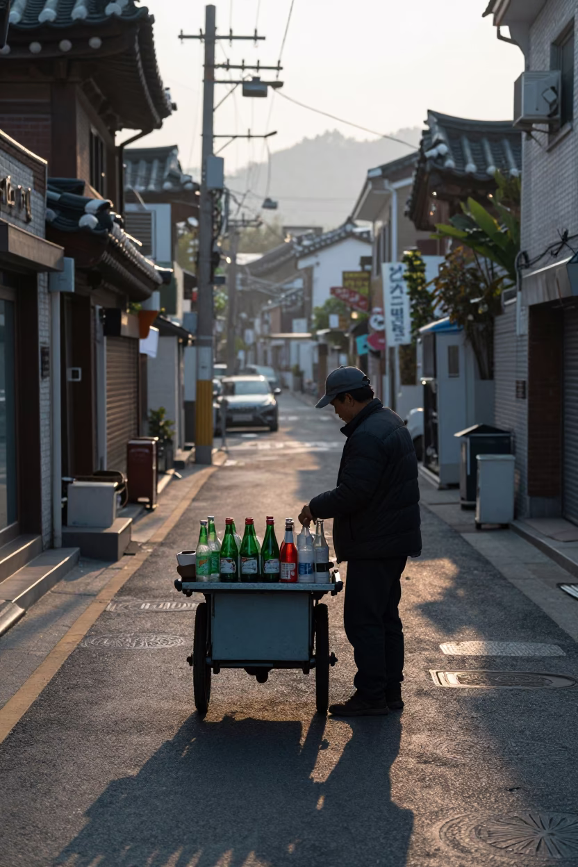 Seoul Street Vendor Morning Before Sunrise with Bottles and Hose Nozzle in in Seoul, South Korea