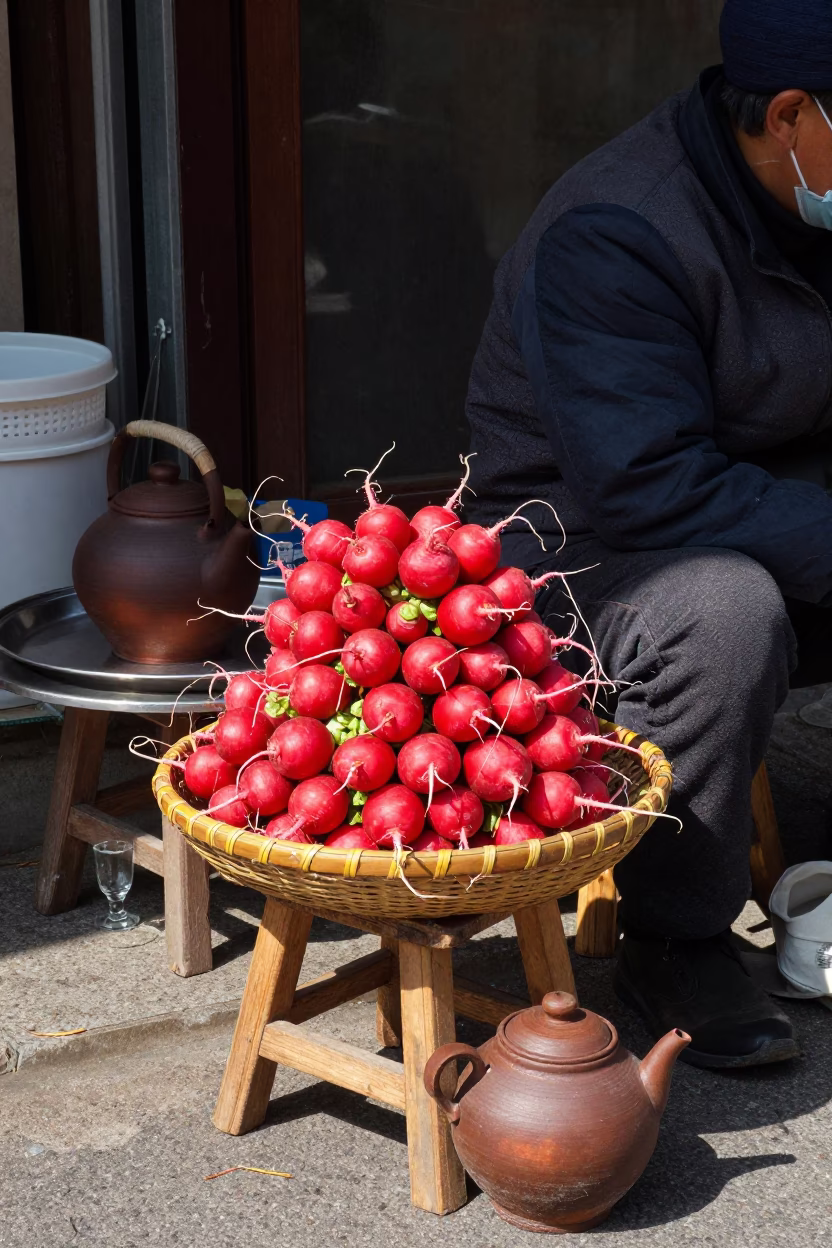 Seoul street vendor noon light radishes clay teapot stool in in Seoul, South Korea