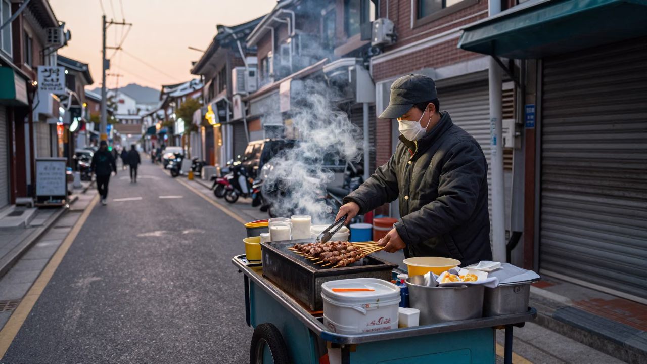 Seoul street vendor preparing breakfast at nautical dawn with charcoal grill and kitchen tongs in in Seoul, South Korea