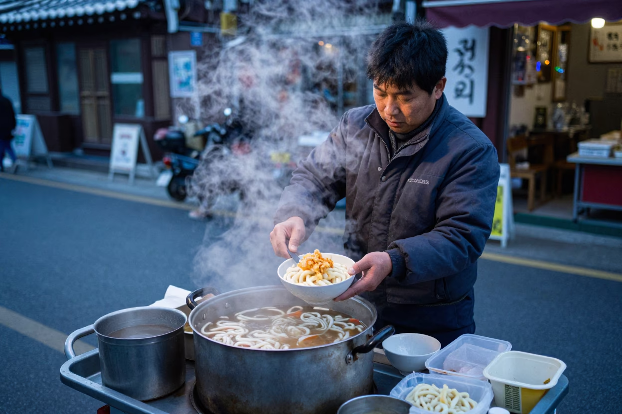 Seoul Street Vendor Preparing Hot Udon Noodle Soup Before Sunrise in South Korea in in Seoul, South Korea