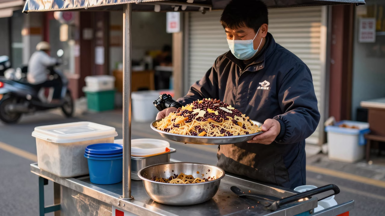Seoul street vendor preparing koshari with lentils and noodles at nautical dawn in in Seoul, South Korea