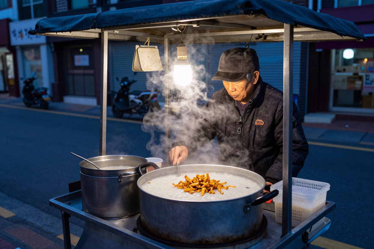 Seoul Street Vendor Selling Congee and Crispy Shallots During Indigo Twilight in in Seoul, South Korea