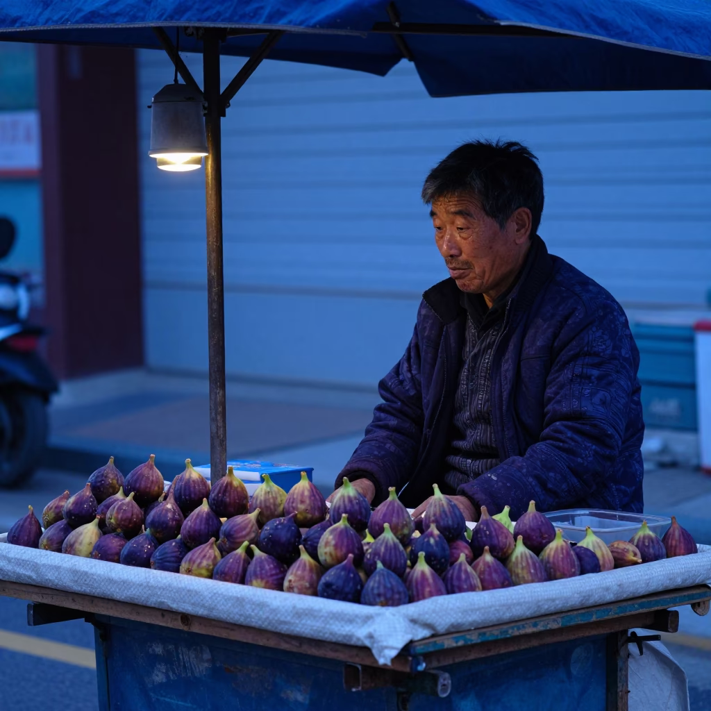 Seoul Street Vendor Selling Fresh Figs Under Indigo Twilight Neon Lights in in Seoul, South Korea