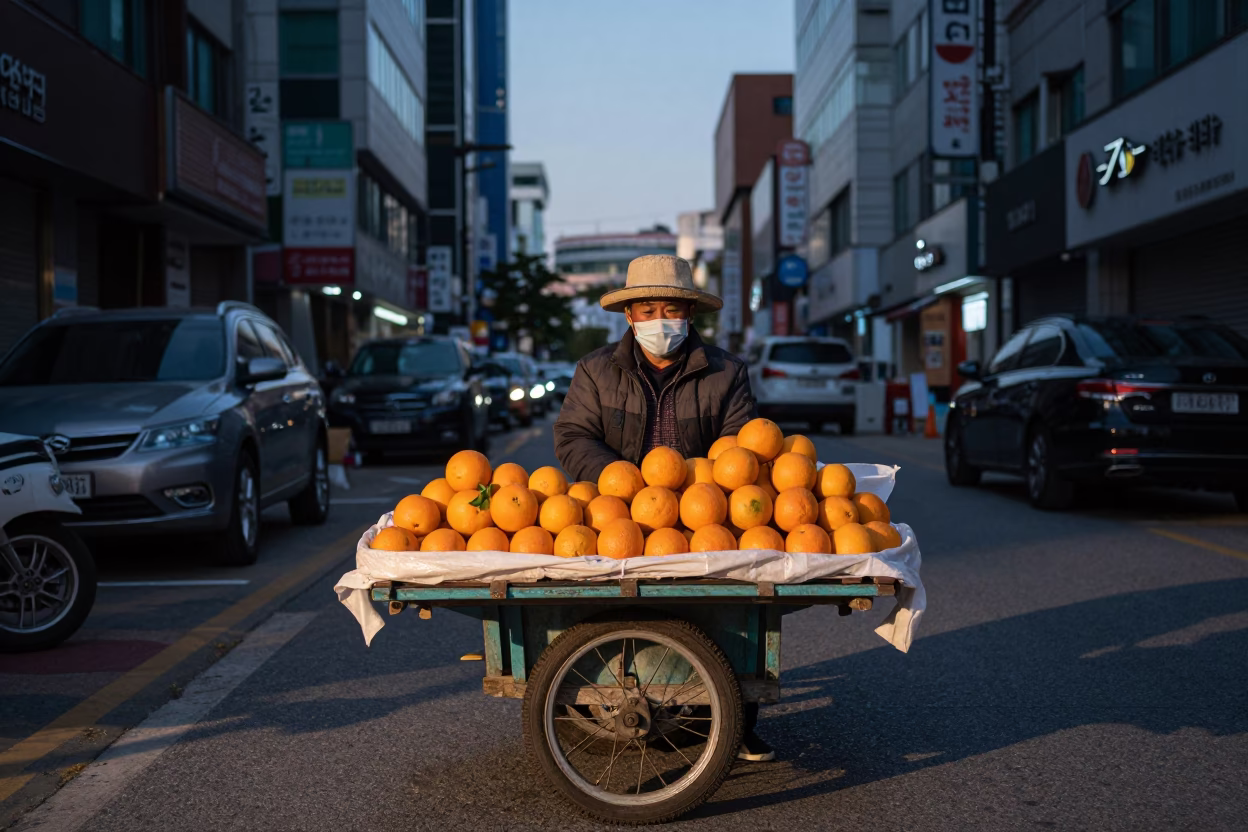 Seoul Street Vendor Selling Fresh Oranges in Early Evening Light in in Seoul, South Korea