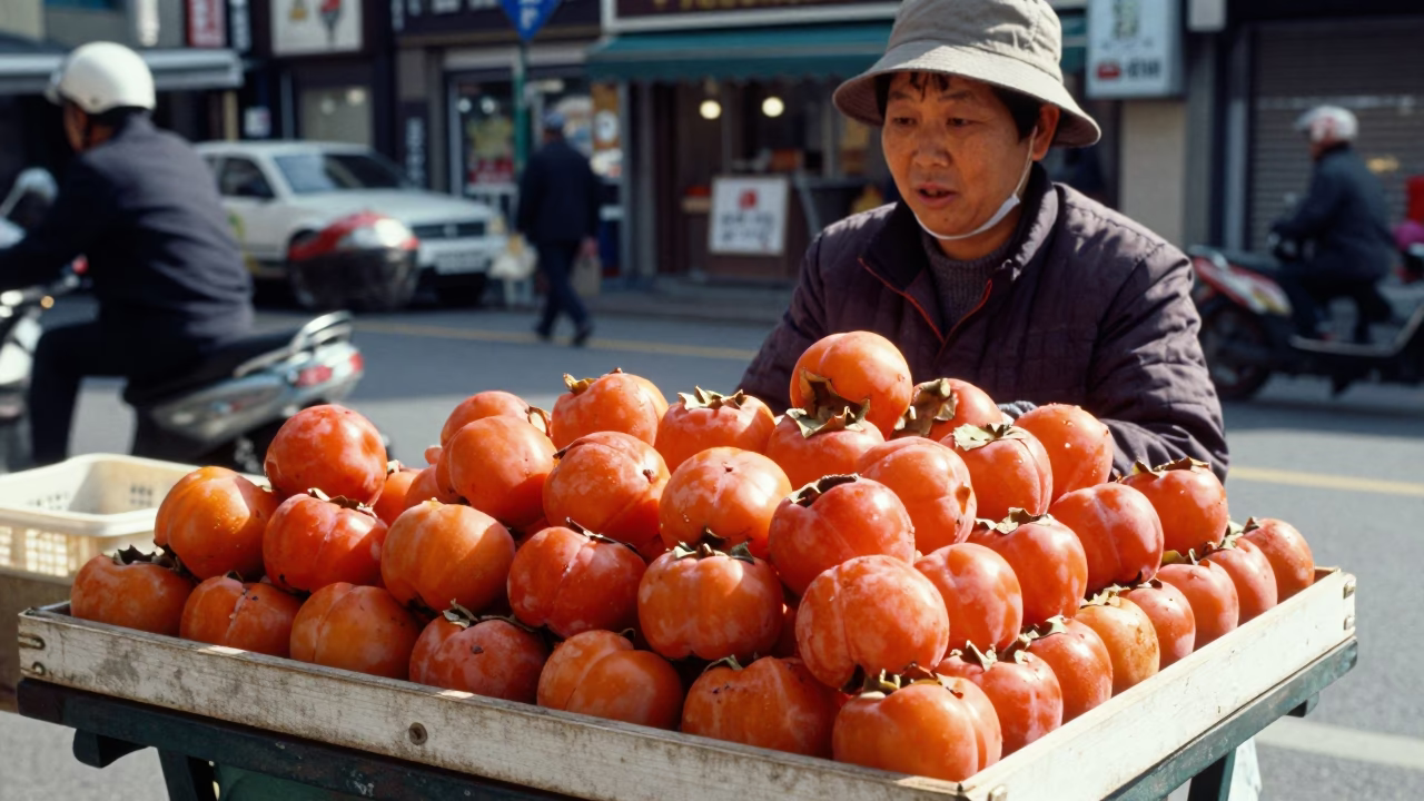 Seoul Street Vendor Selling Fresh Persimmons Under Bright Midmorning Sunlight in in Seoul, South Korea