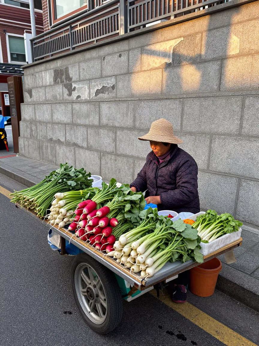 Seoul Street Vendor Selling Fresh Radishes and Vegetables in Early Afternoon Light in in Seoul, South Korea