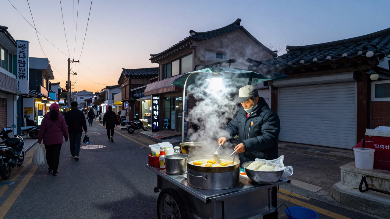 Seoul Street Vendor Selling Hot Corn Porridge Before Sunrise in South Korea in in Seoul, South Korea