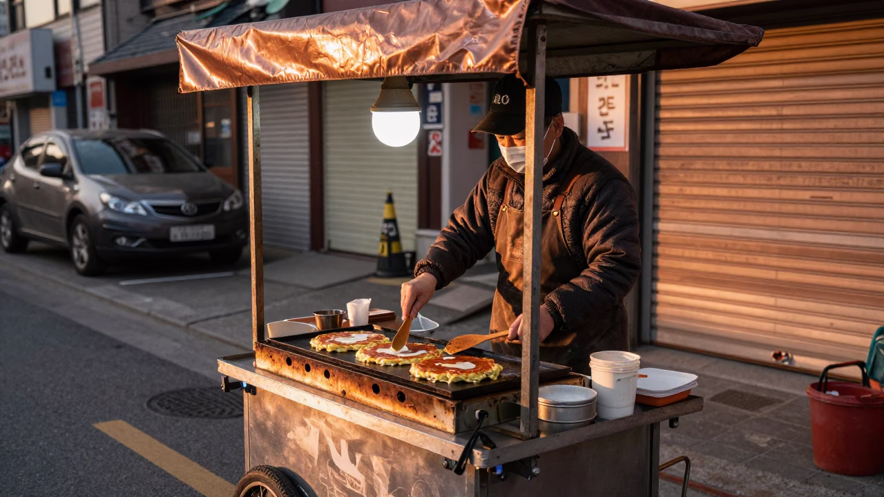 Seoul Street Vendor Selling Okonomiyaki in Copper Toned Dusk Light in in Seoul, South Korea
