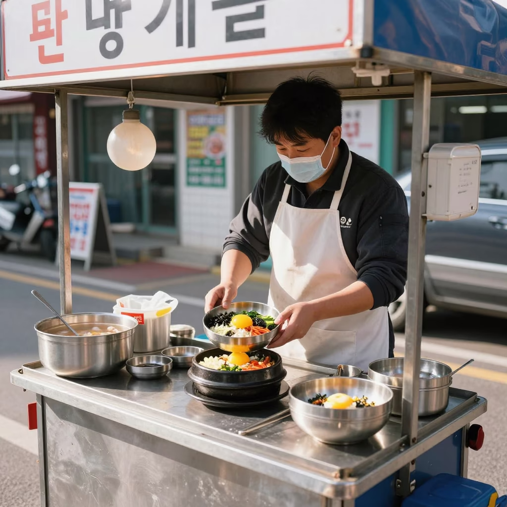 Seoul Street Vendor Serving Bibimbap with Raw Egg in Bright Midmorning Light in in Seoul, South Korea