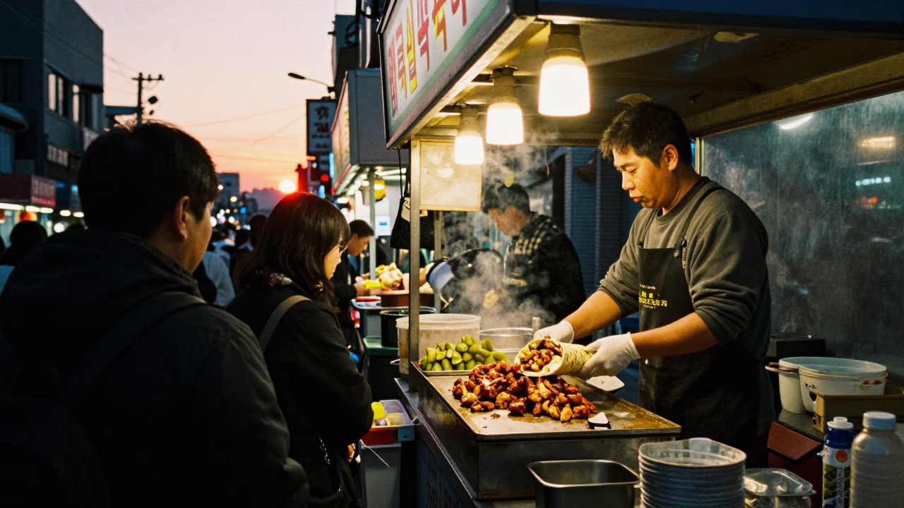 Seoul Street Vendor Serving Chicken Shawarma at Sunset with Railway Viaduct Background in in Seoul, South Korea