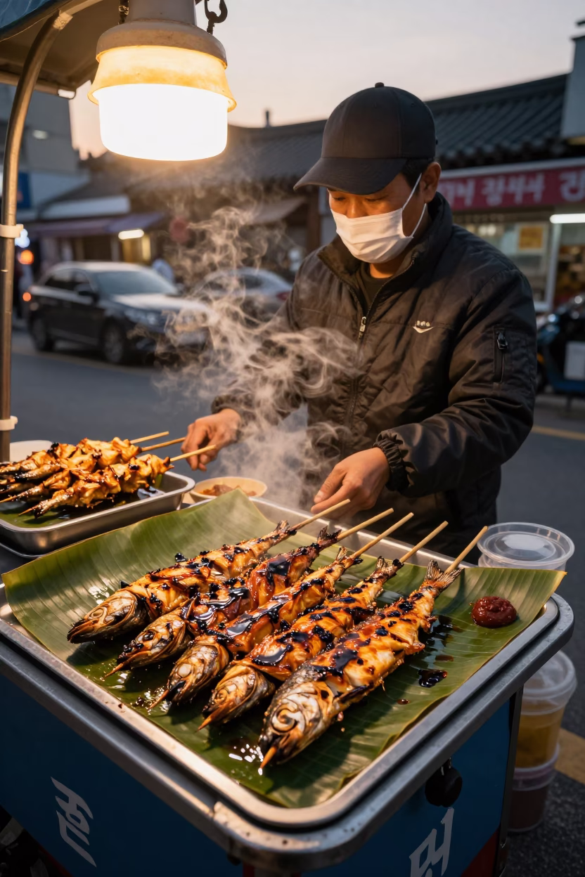 Seoul street vendor serving grilled fish on banana leaf in honeyed evening light in in Seoul, South Korea