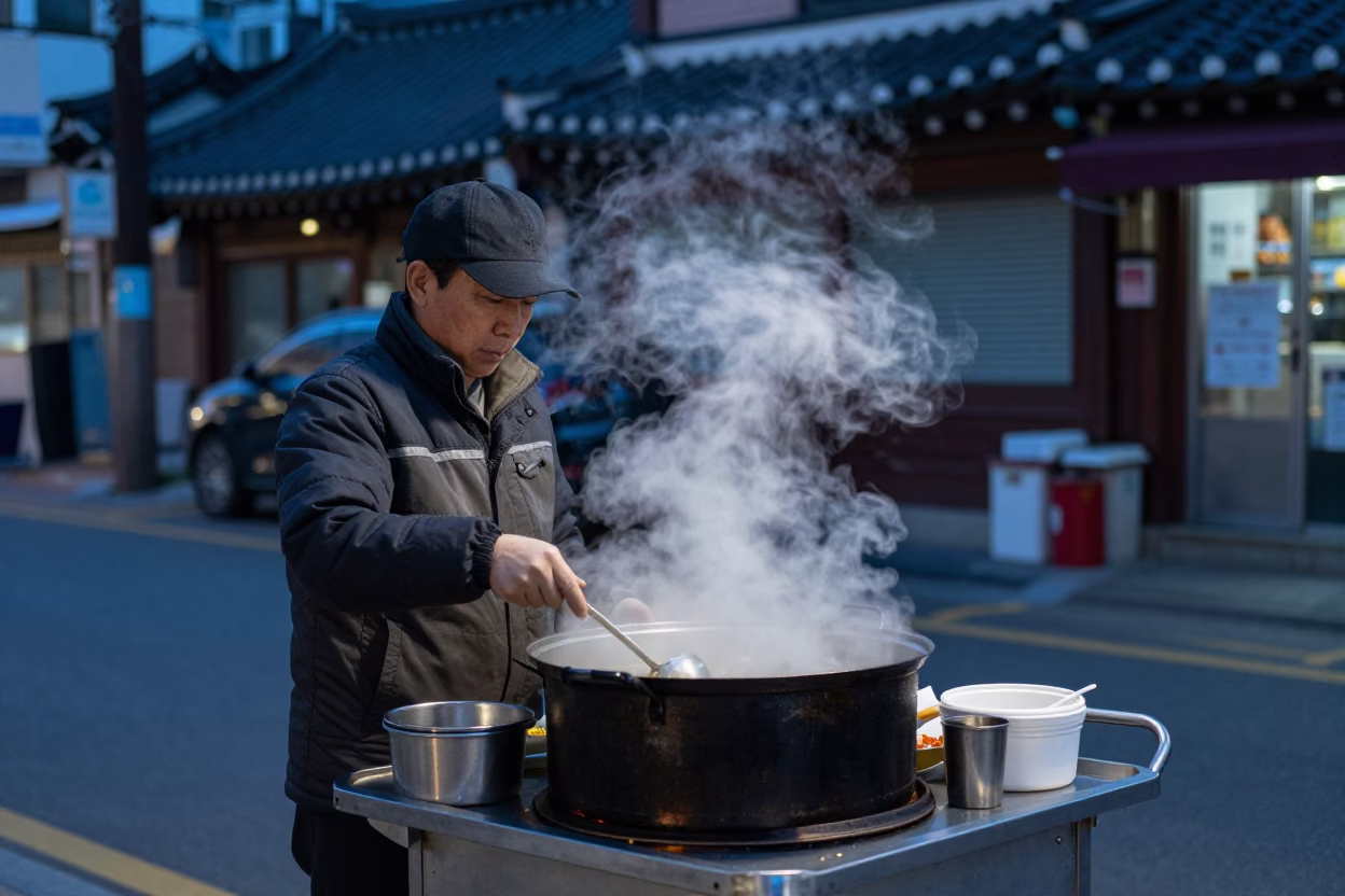 Seoul Street Vendor Serving Hot Food at Blue Hour with Steam Rising in in Seoul, South Korea