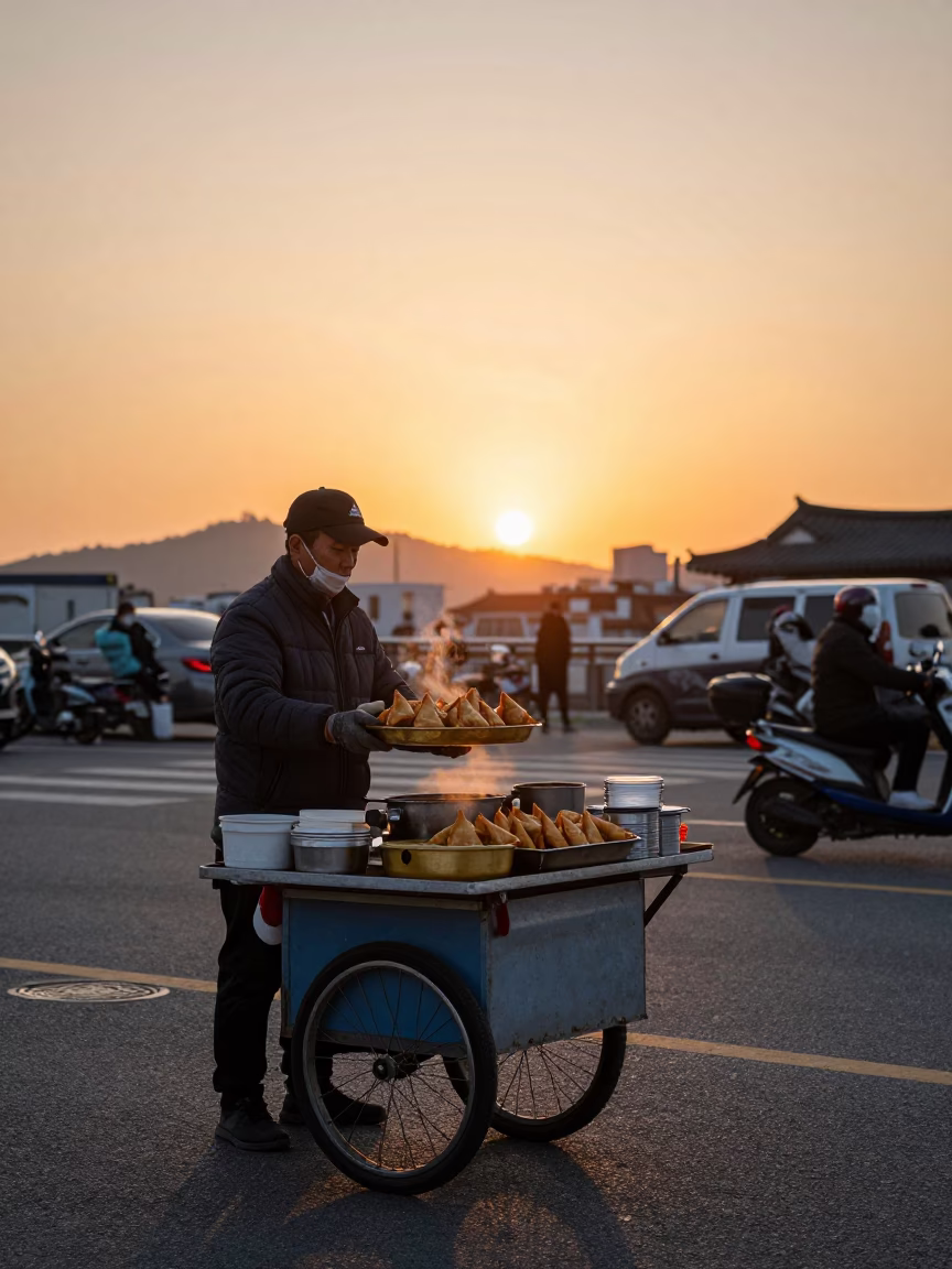 Seoul street vendor serving hot food at sunset with traditional market backdrop in in Seoul, South Korea