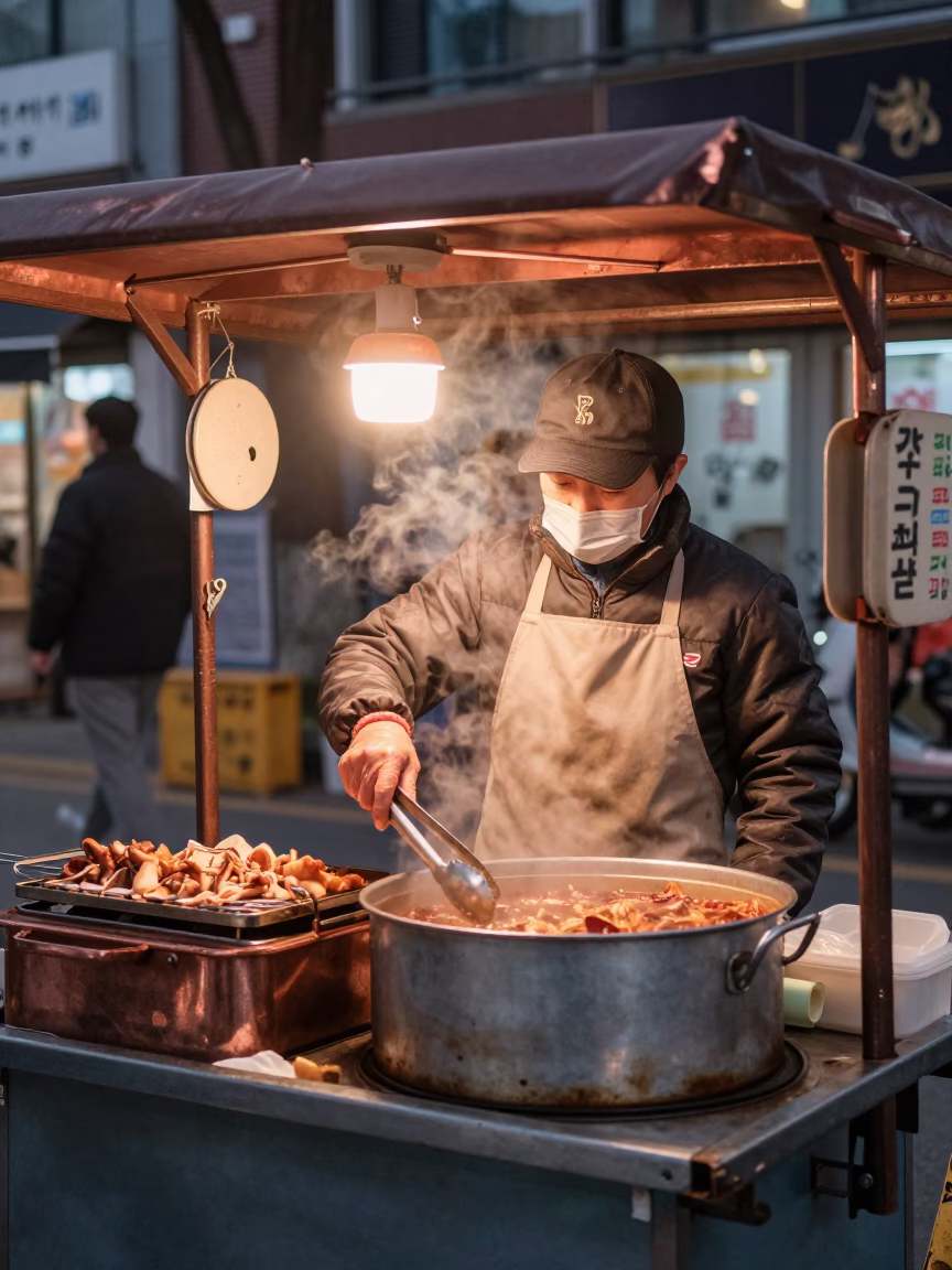 Seoul Street Vendor Serving Hot Food in Copper Dusk Light in in Seoul, South Korea