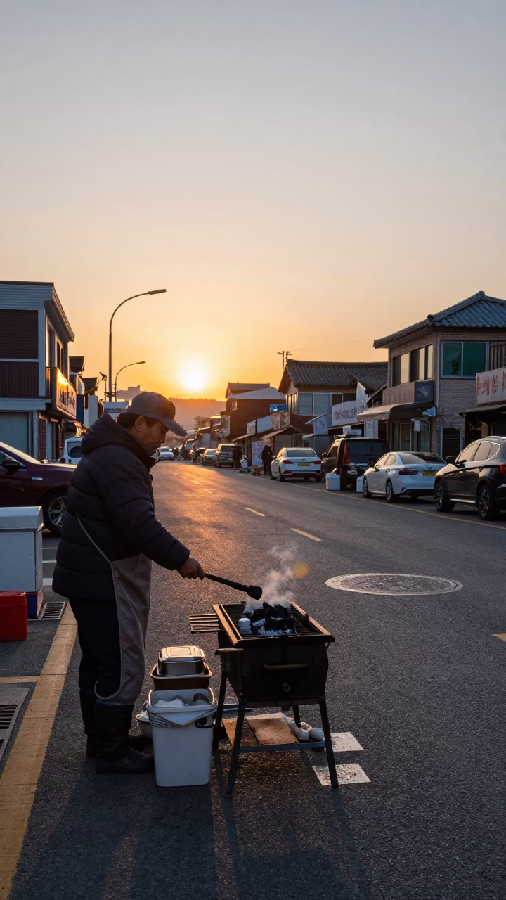 Seoul Street Vendor Serving Hot Food with Charcoal Stick at Sunset in in Seoul, South Korea