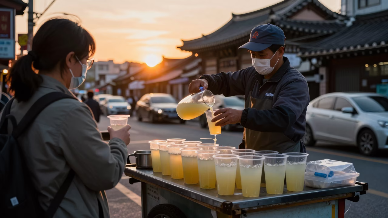 Seoul street vendor serving sugarcane juice at sunset near Gwanghwamun Gate in in Seoul, South Korea