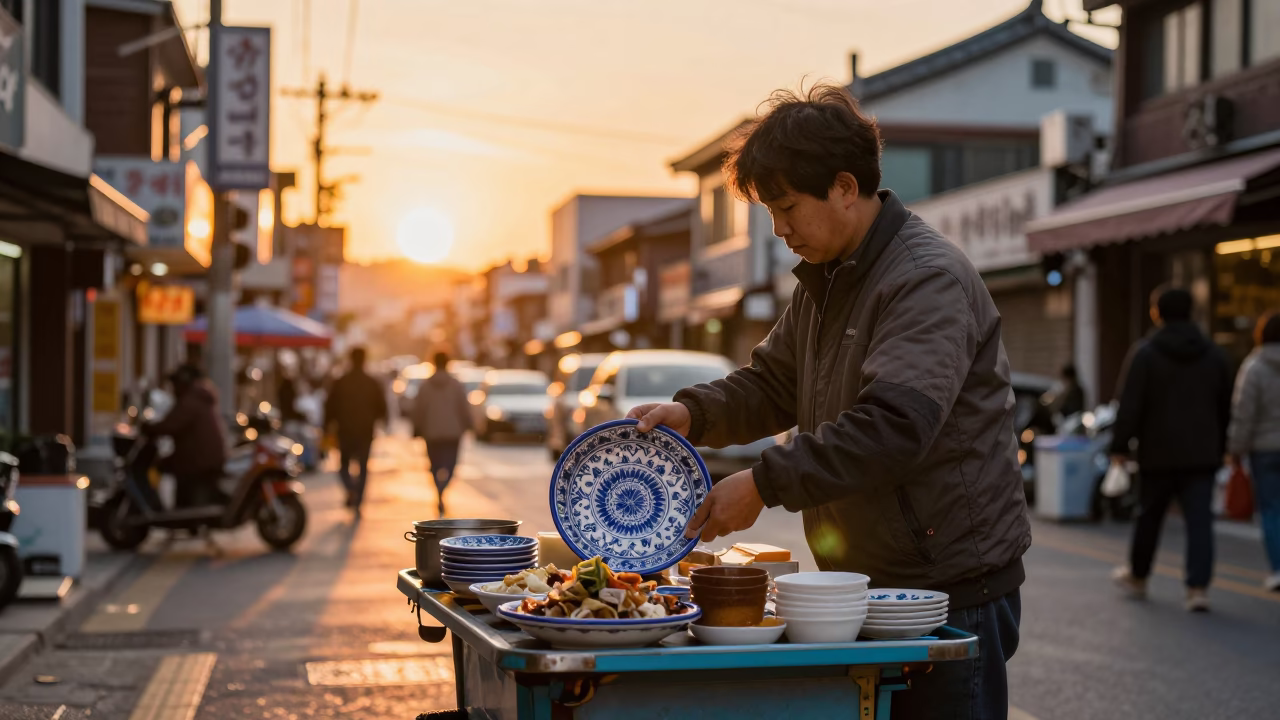 Seoul Street Vendor Sunset Scene with Vintage Majolica Plate and Umbrella Stand in in Seoul, South Korea