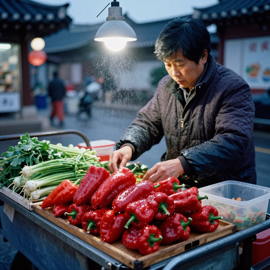 Seoul Street Vendor Twilight Scene with Condensation on Fresh Produce in in Seoul, South Korea