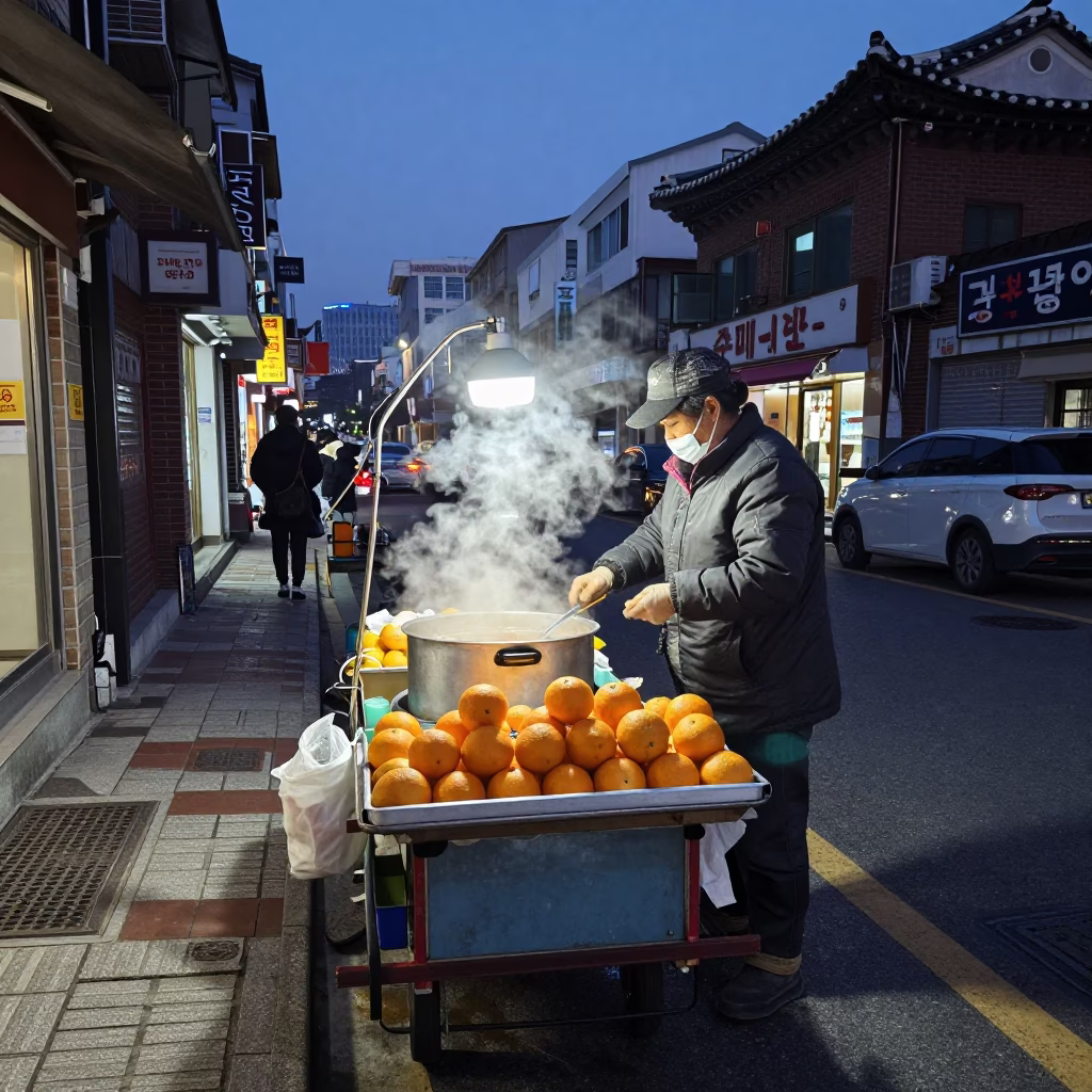 Seoul Street Vendor Twilight Scene with Steaming Oranges and Urban Background in in Seoul, South Korea