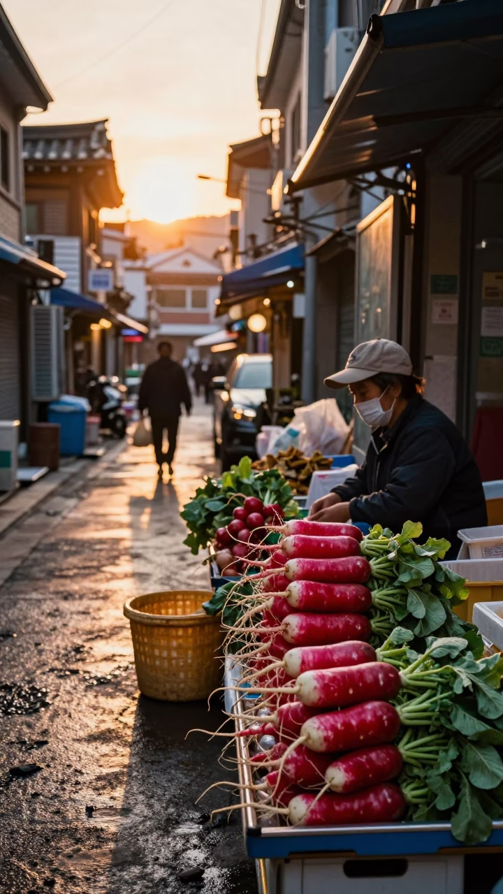 Seoul Sunset Street Scene with Radishes and Traditional Market Ambiance in in Seoul, South Korea