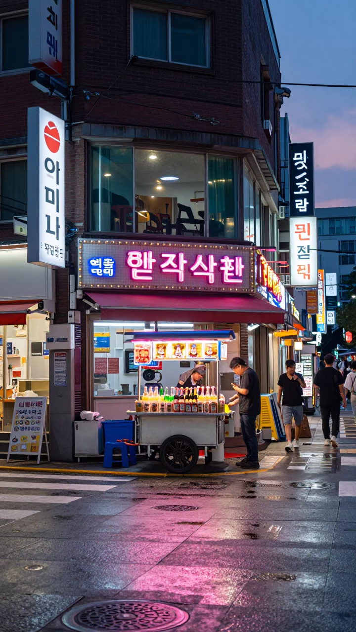 Seoul Twilight Street Scene with Neon Signs and Glass Bottles on Concrete in in Seoul, South Korea
