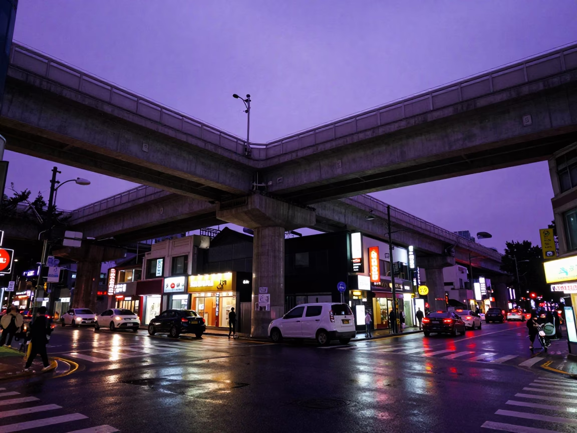Seoul Twilight Street Scene with Overpass Ramp Slicing Violet Sky and Local Nightlife in in Seoul, South Korea
